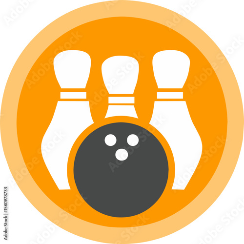bowling ball with finger holes and three pins. Orange yellow colours icon. Fit for bowling club logo.