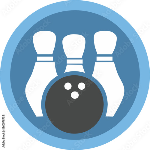 bowling ball with finger holes and three pins. Blue colours icon. Fit for bowling club logo.