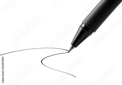 Closeup of a black pen drawing a line on a white background, isolated on transparent background