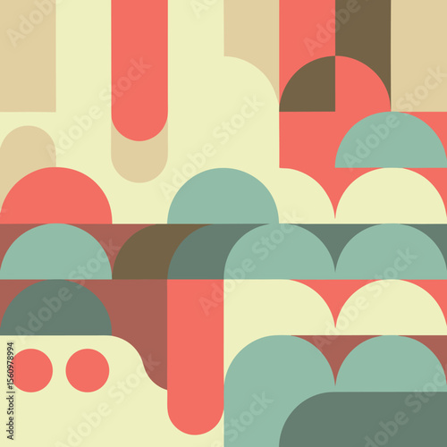 Geometric abstract composition with soft colors and playful semicircle shapes