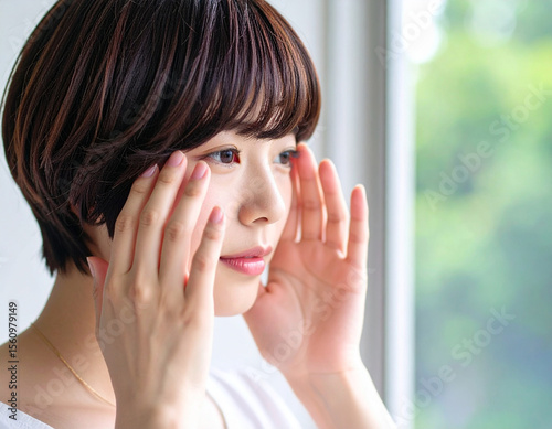こめかみを押さえる若い女性/Young woman holding her temples