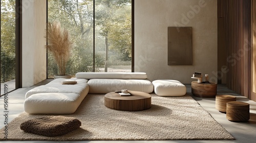 Airy Scandinavian living room with low-profile sectional, wool rug, and minimalist wooden coffee table. 