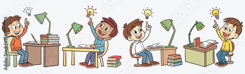 A cute Cartoon boys studying at desks with bright ideas simple flat design vector.