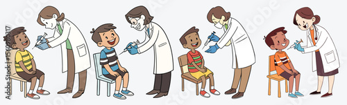 Happy kids, caring doctors! This colorful vector captures cheerful children getting vaccinated.