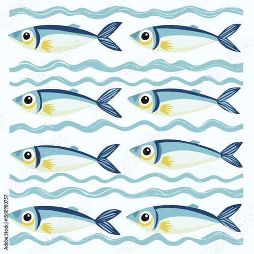 Flat illustration of simple cartoon sardines arranged over a white background with soft blue zigzag wave lines, ideal for packaging, kitchen-themed printables and coastal decoration