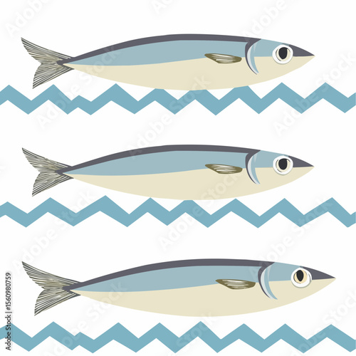 Flat illustration of simple cartoon sardines arranged over a white background with soft blue zigzag wave lines, ideal for packaging, kitchen-themed printables and coastal decoration