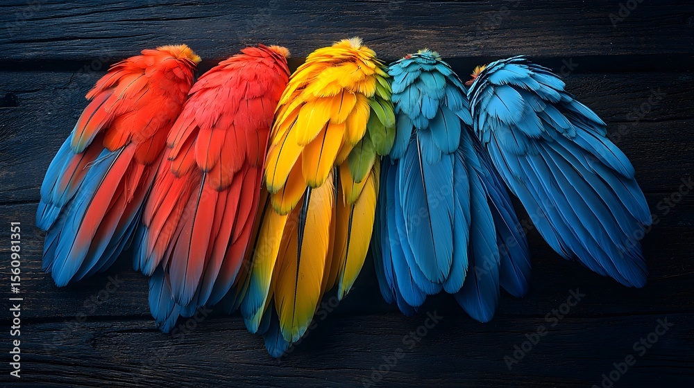 Obraz premium A striking arrangement of vibrant parrot feathers in shades of red yellow blue and green scattered on a rustic wooden table showcasing the natural beauty and diversity of these magnificent plumages