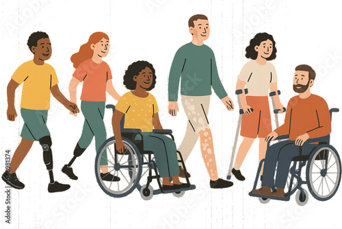 Diverse inclusive set of people with disabilities including prosthetics, wheelchair, crutches, and vitiligo in vector doodle illustration