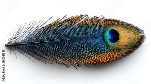 A close up photograph of a single vibrant peacock feather with intricate patterns and shimmering iridescent colors against a plain white background