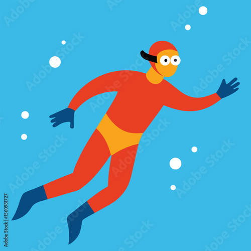 Man in diving suit and goggles swims underwater Vector