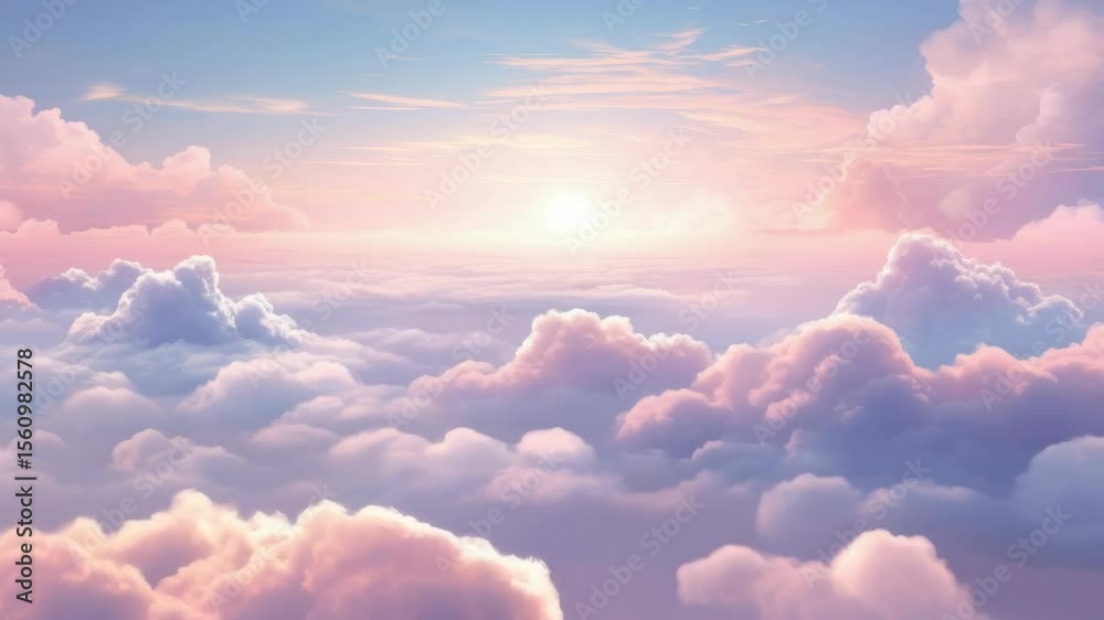 A serene, dreamy sky with fluffy pink clouds at sunrise, captured from a low angle. Ideal for a tranquil video backdrop or calming visual content. Live desktop wallpaper.