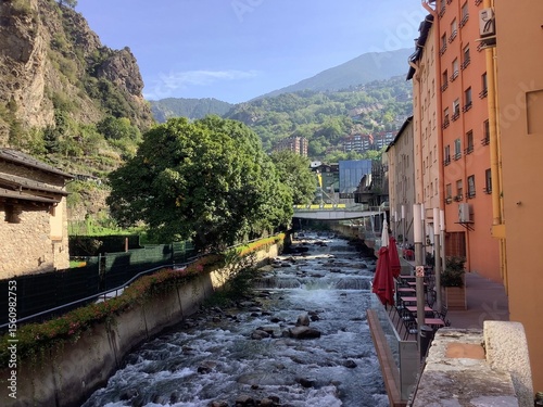 Mountain River Through Old Town Street in Andorra la Vella