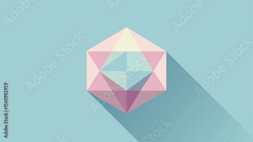 Geometric pink pastel polygon with long shadow on a light blue background