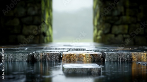 Rain-soaked stone pathway leading through ancient walls with a misty landscape in the background