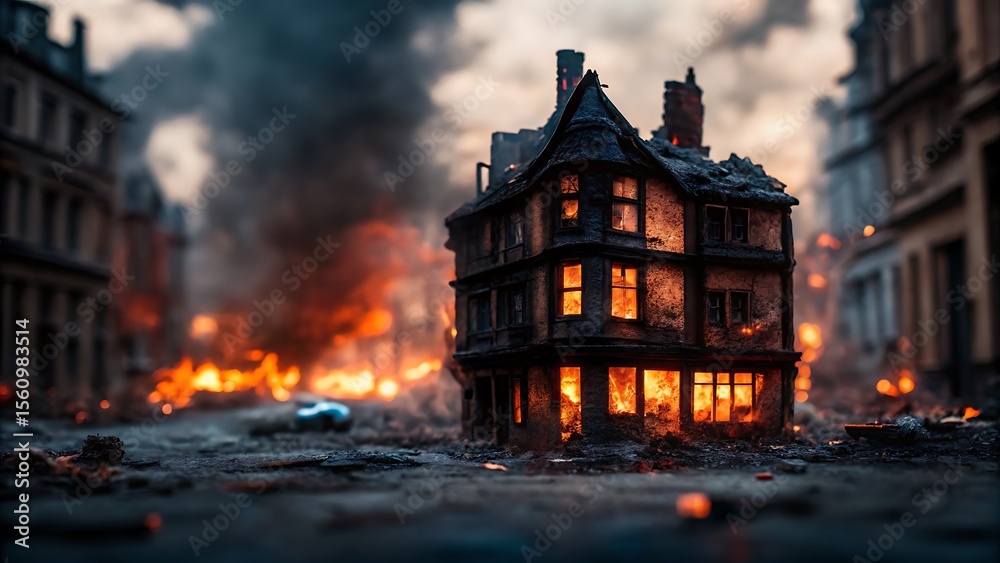 Obraz premium Building engulfed in flames amidst a war torn city with smoke and destruction