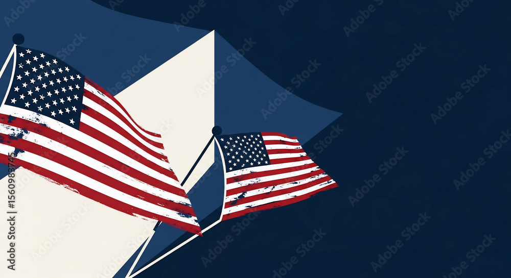 Fototapeta premium Patriotic American flags waving proudly against a dark blue background. A grunge texture adds a vintage feel, perfect for Independence Day, Memorial Day, or Veterans Day designs