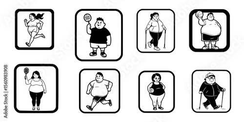 Vector icon set - a full man and a plus-size woman jogging, playing basketball and badminton, and doing Nordic walking. 