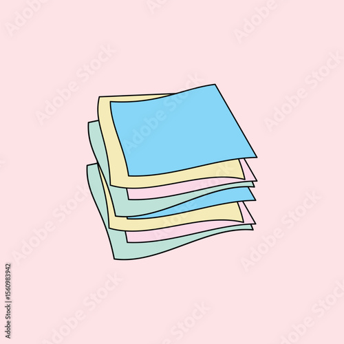 Illustration of a stack of pastel blue, yellow, pink and green colored paper on a light pink background. Suitable for educational, administrative, note or digital stationery design