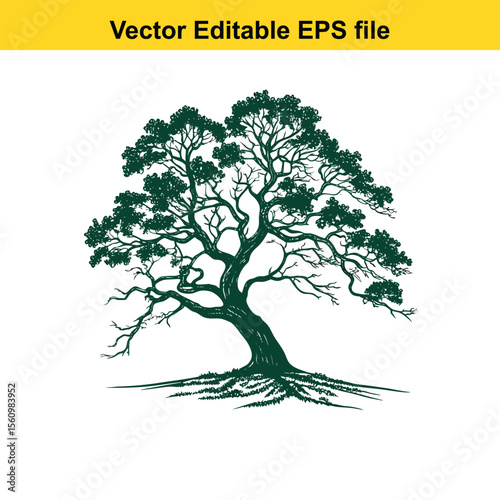 Detailed Botanical Illustration of a Lush Green Tree oak tree, water color,Showcasing its Intricate Branches, Dense Foliage, and Robust Trunk, Evoking a Sense of Nature's Enduring Beauty