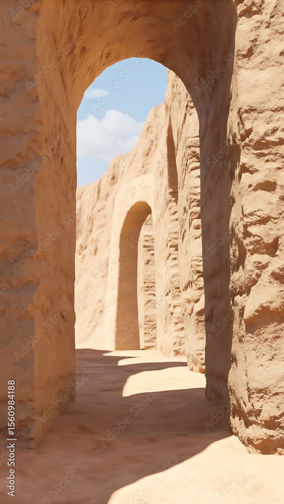 View of arched passageways in a desert structure with a glimpse of the sky above View of arched passageways in a desert structure with a glimpse of the sky above