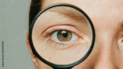Close up of a person's eye being magnified by a magnifying glass on a grey background