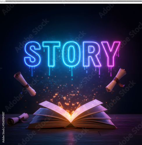 Neon Story Open Book with Glowing Text and Magic