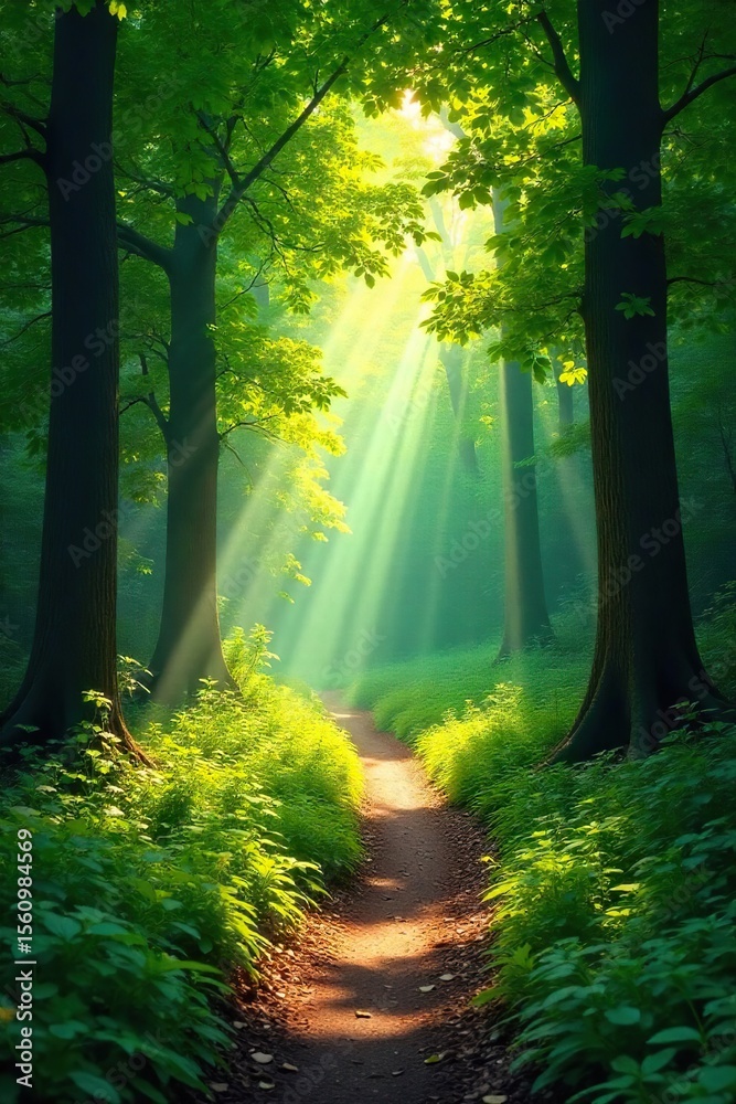 Obraz premium Sunlight Dapples Lush Forest Path Vibrant Green Canopy, Relaxing Nature Scene