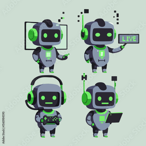 set minimalist geometric flat vector design of mini gaming streamer robots