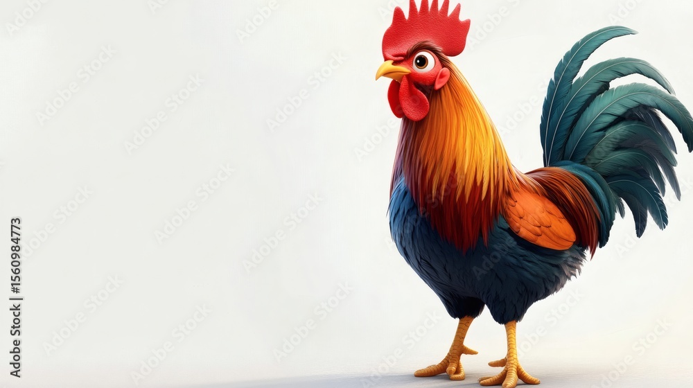 Fototapeta premium A colorful rooster stands proudly with bold plumage against a white background