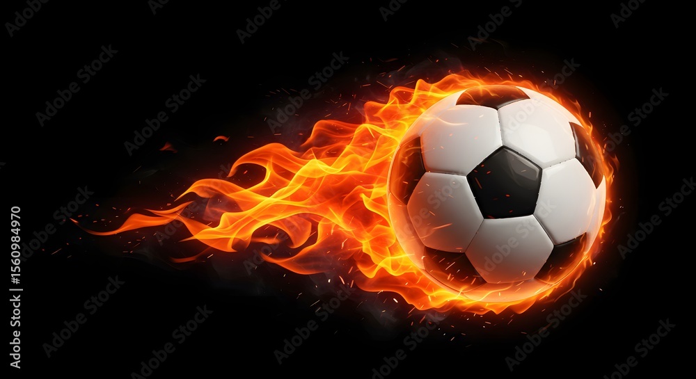 Fototapeta premium Soccer ball engulfed in flames and smoke on a black background