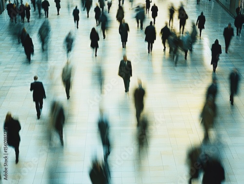 Long exposure shot of crowd of business people walking in bright office lobby fast moving with blurry - ai