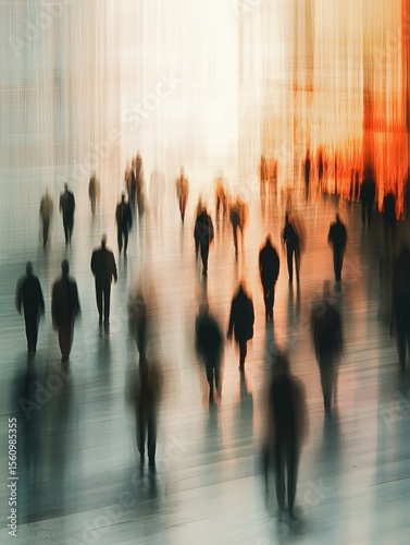 Long exposure shot of crowd of business people walking in bright office lobby fast moving with blurry - ai