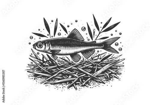 Minnow Fish Engraved Hand Drawn Natural Illustration Vector Isolated by AZ for Books, Arts, Design and Decoration Graphic Asset