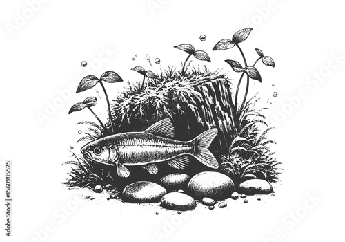 Minnow Fish Engraved Hand Drawn Natural Illustration Vector Isolated by AZ for Books, Arts, Design and Decoration Graphic Asset