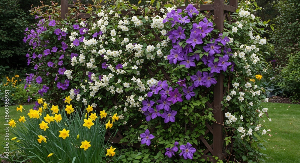 Obraz premium Vibrant purple and white clematis flowers climb wooden trellis beside cheerful yellow daffodils bathed in soft sunlight. AI Generated