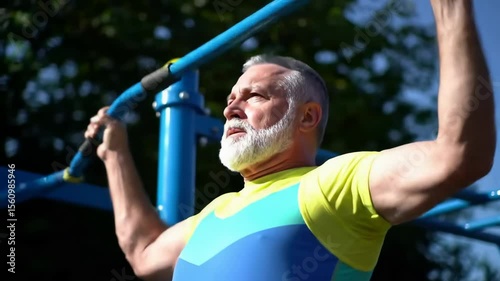 Senior man doing pull ups at outdoor gym on sunny day exercising