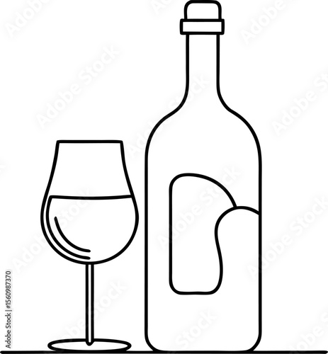Continuous line art of a wine bottle and glass with white background.