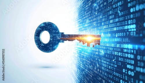 A digital key unlocks binary code on a blue glowing wall