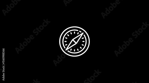 A minimalist white-line compass icon on a solid black background. The animation features clean vector-style white lines forming a compass rose with a needle pointing north, spinning.