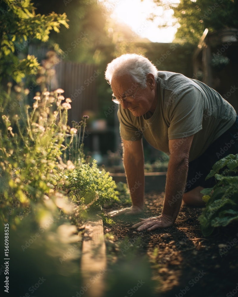 Fototapeta premium Senior Man Tending to Garden at Sunset