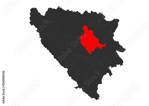 Vector silhouette map of Bosnia and Herzegovina with the Zenica-Doboj Canton highlighted in red. Clearly indicates the specific geographical area of this administrative division within the country.
