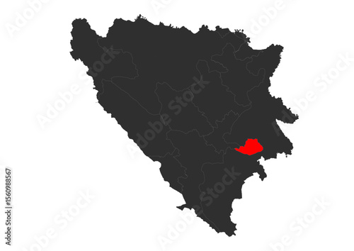 Vector silhouette map of Bosnia and Herzegovina with the Bosnian Podrinje Canton highlighted in red. Clearly indicates the specific geographical area of this administrative division within the country