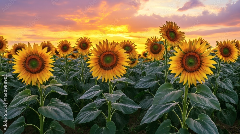 Fototapeta premium A field of vibrant sunflowers facing a gorgeous sunset