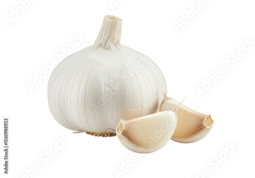 A whole garlic bulb with two cloves isolated on transparent background