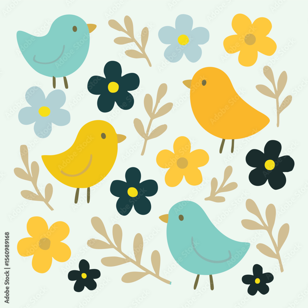 Fototapeta premium A vibrant pattern of birds and flowers on a blue background