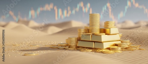 Piled gold bars and coins on sandy terrain, with a market trendline in the background.