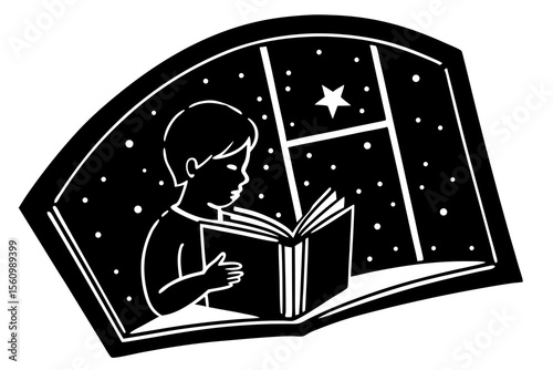Silhouette of a child reading a book by a window at night with stars vector