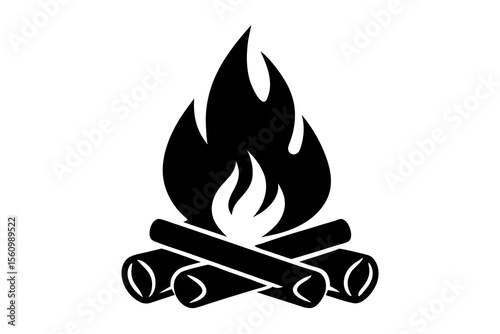 Black silhouette of a campfire with flames and logs wood