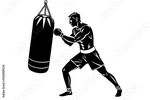 Black silhouette of a boxer hitting a punching bag with dynamic pose boxing black and white