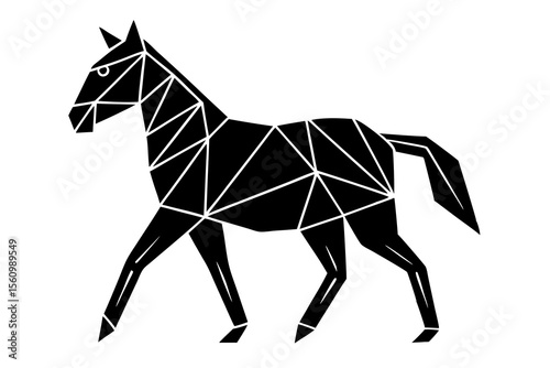 Black horse walking in side view composed of geometric shapes and lines white